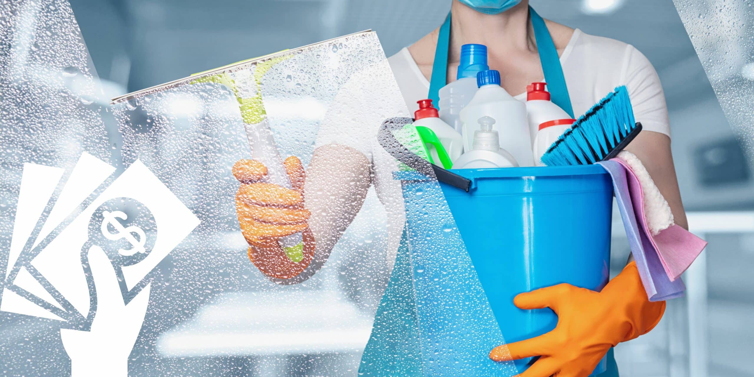 Home cleaner holding cleaning materials and wiping a glass window.