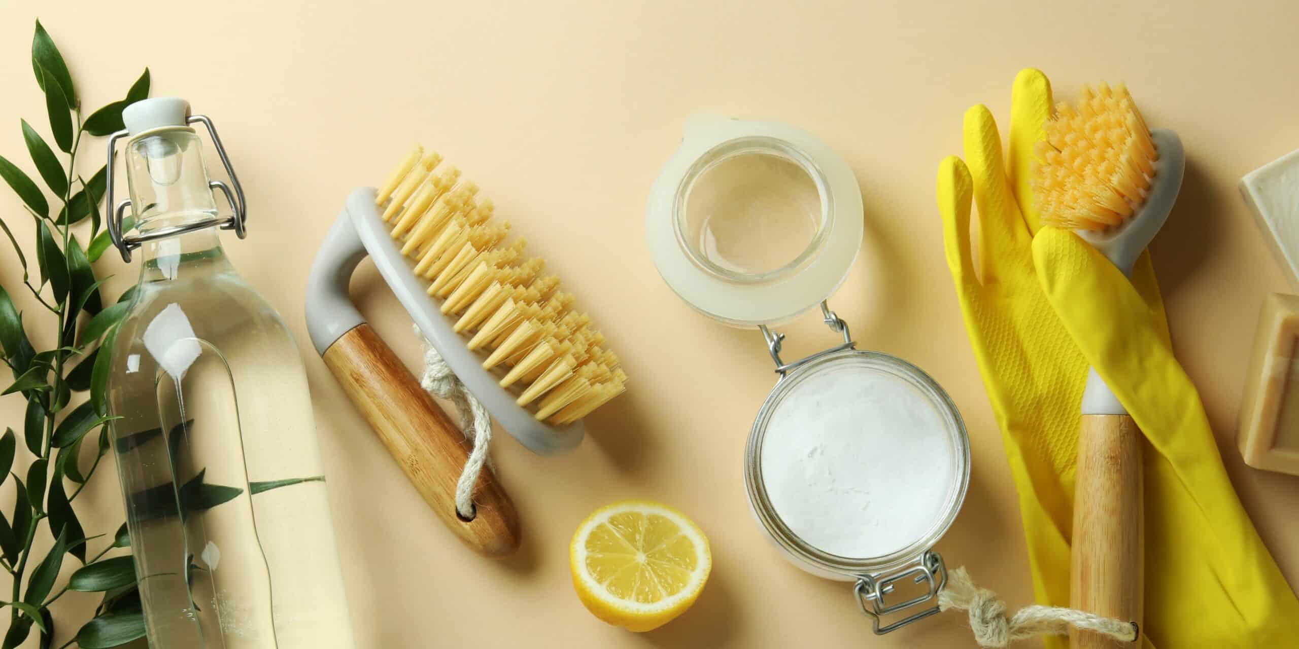 Picture of natural cleaning materials and cleaning agents. Vinegar, lemon, baking soda, floor scrub, and a pair of gloves.