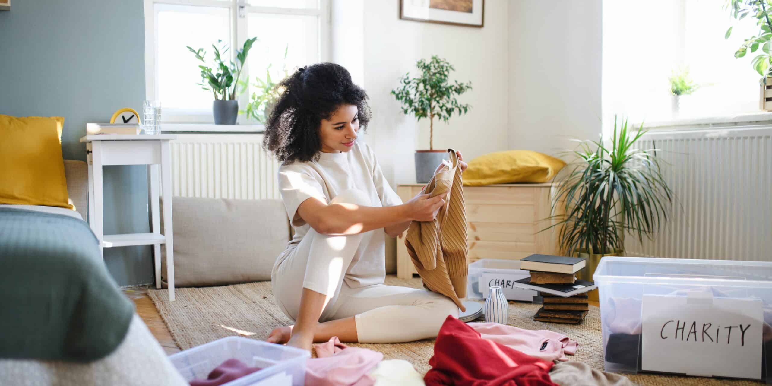A lady who's decluttering and segregating some of her stuff to give to the charity.