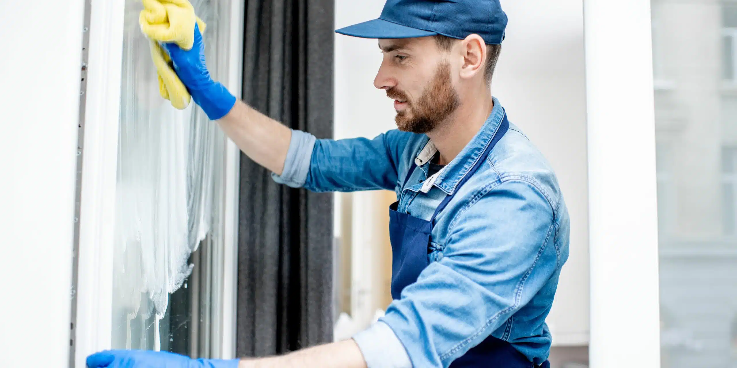 A professional window cleaner cleaning a window