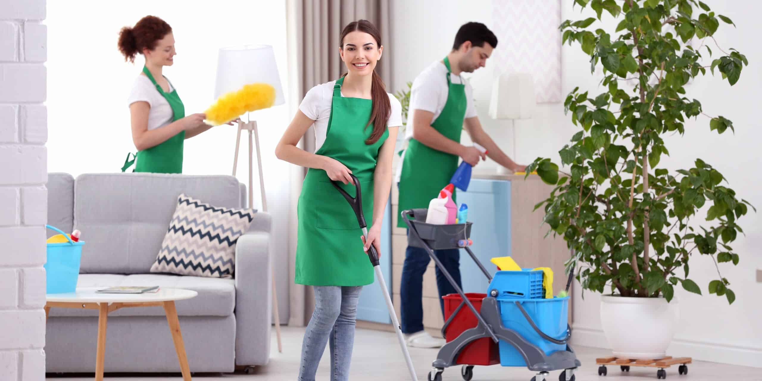 Team of home cleaners cleaning the living room and spraying a plant.