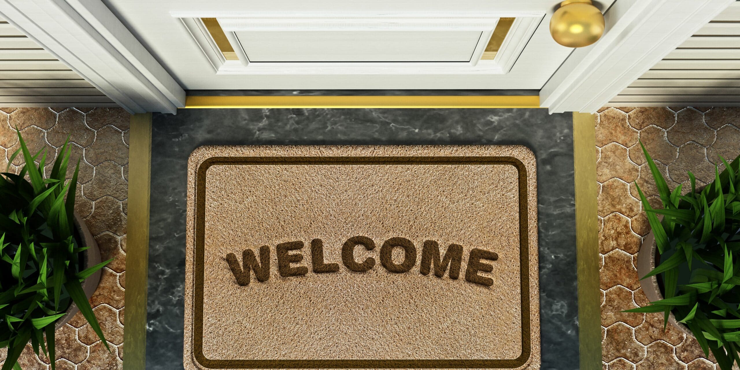 Picture of a front door with a doormat with the word 
