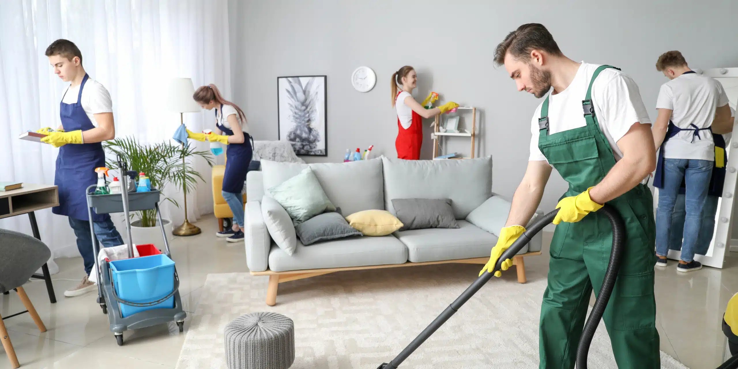 A team of cleaning crew cleaning an entire living room.