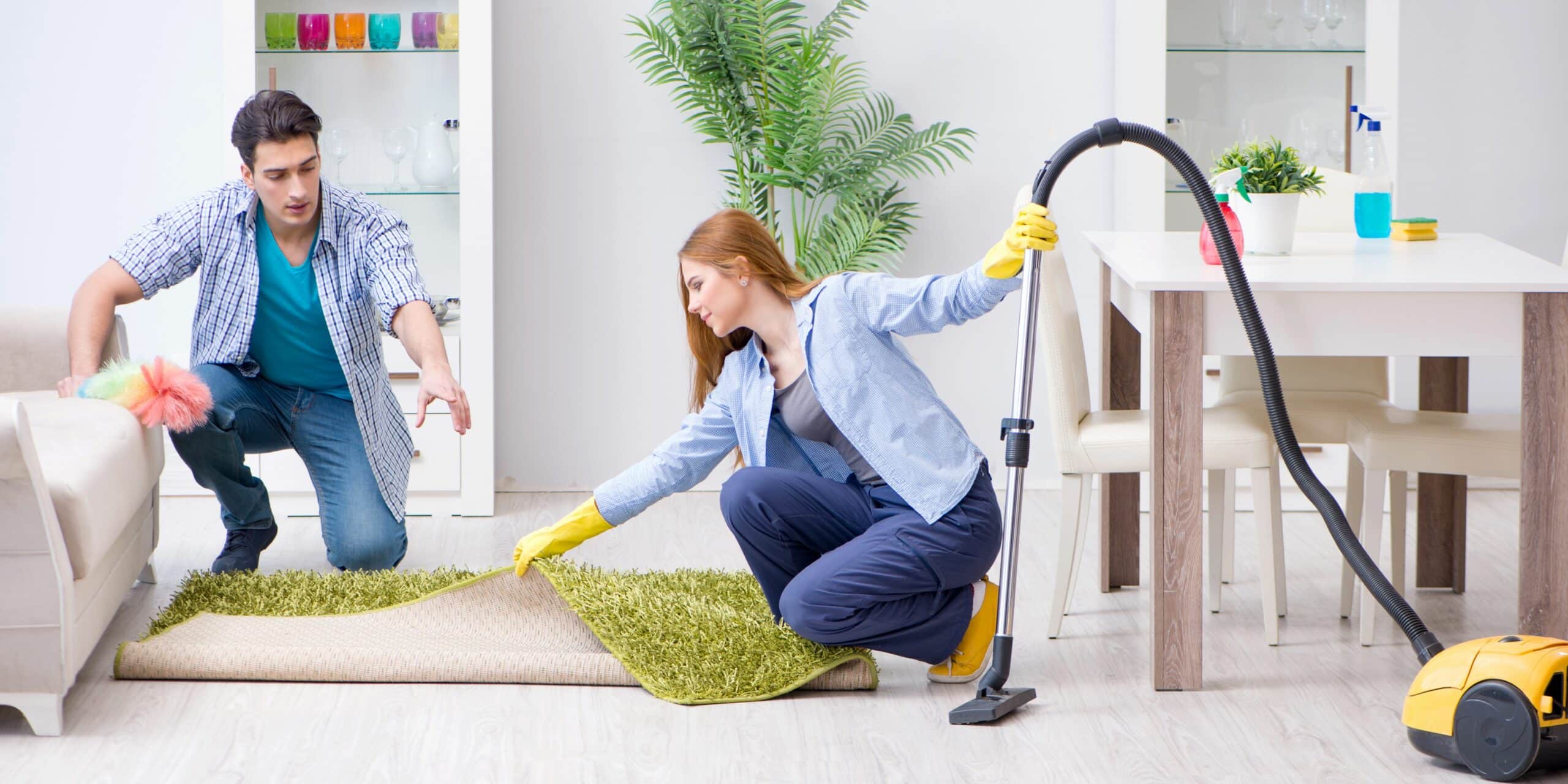 A man and a woman cleaning the house using a modern and traditional cleaning equipment