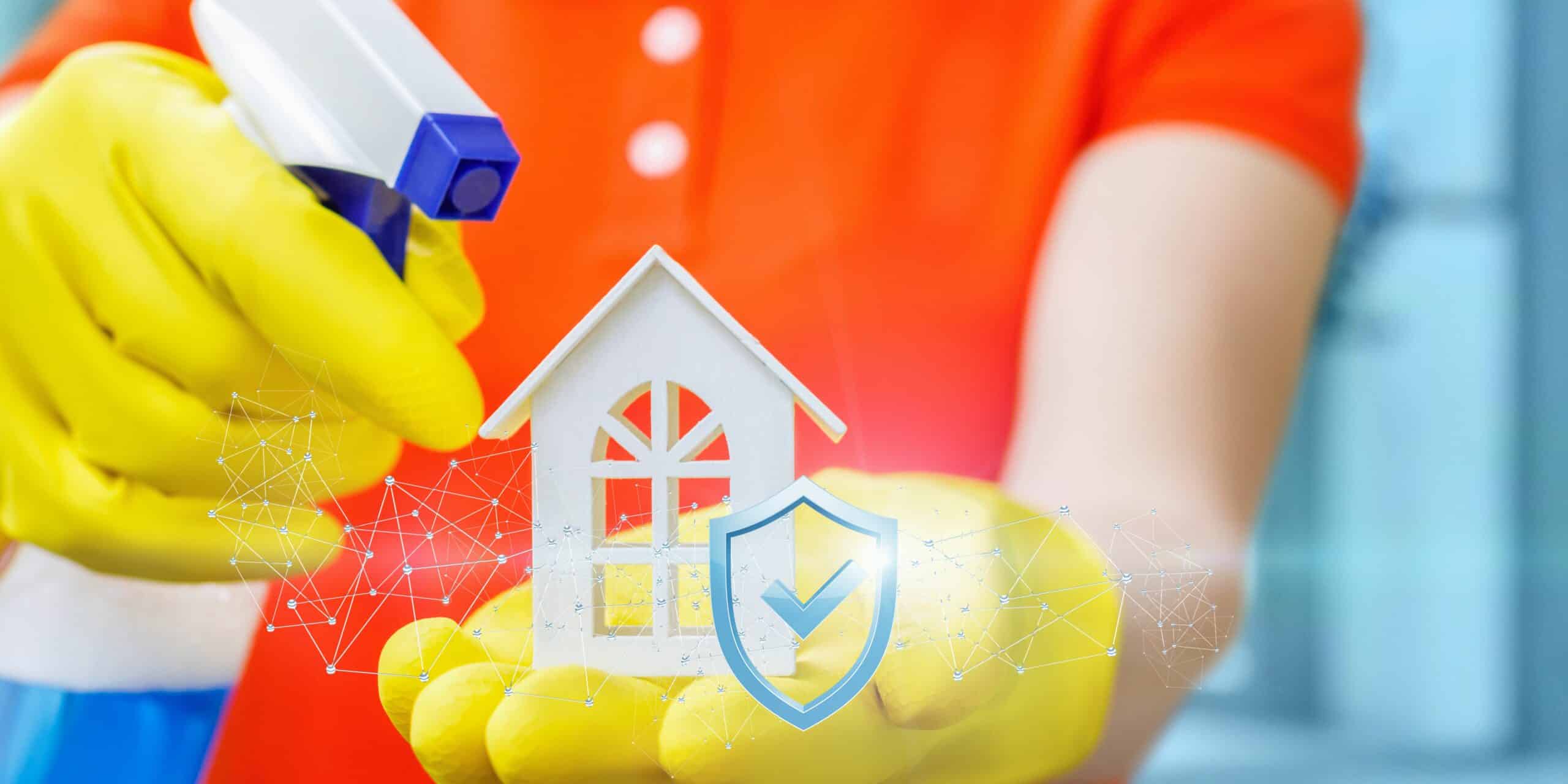 A hand holding a model house being sprayed with a cleaning agent