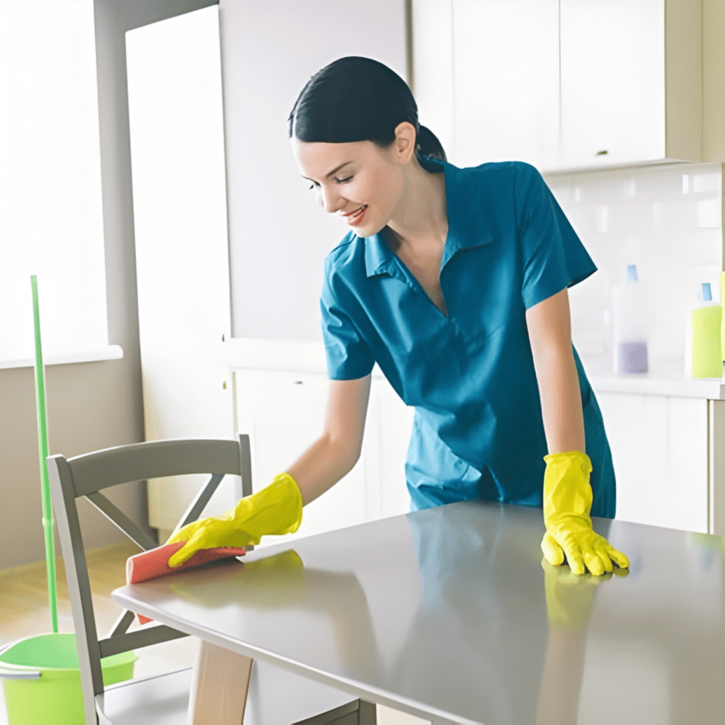 1 Woman cleaning a table