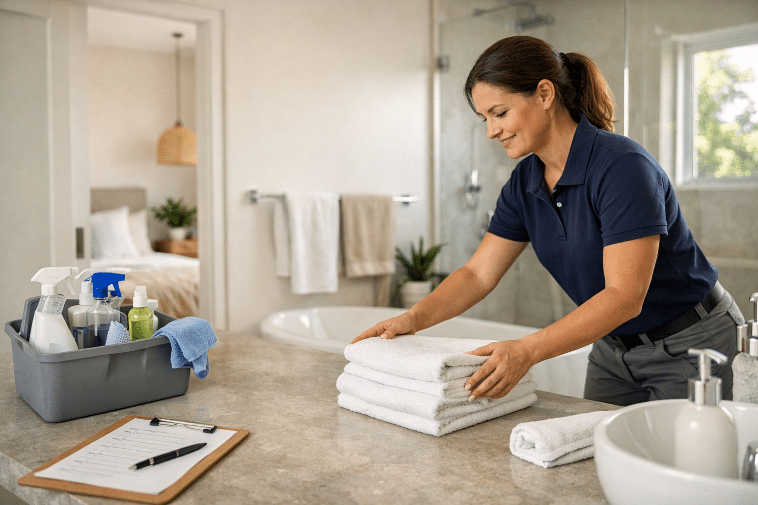 ChatGPT Image Feb 10, 2026, 11_22_30 AM Professional house cleaner folding towels in a bright, modern Brisbane home bathroom.