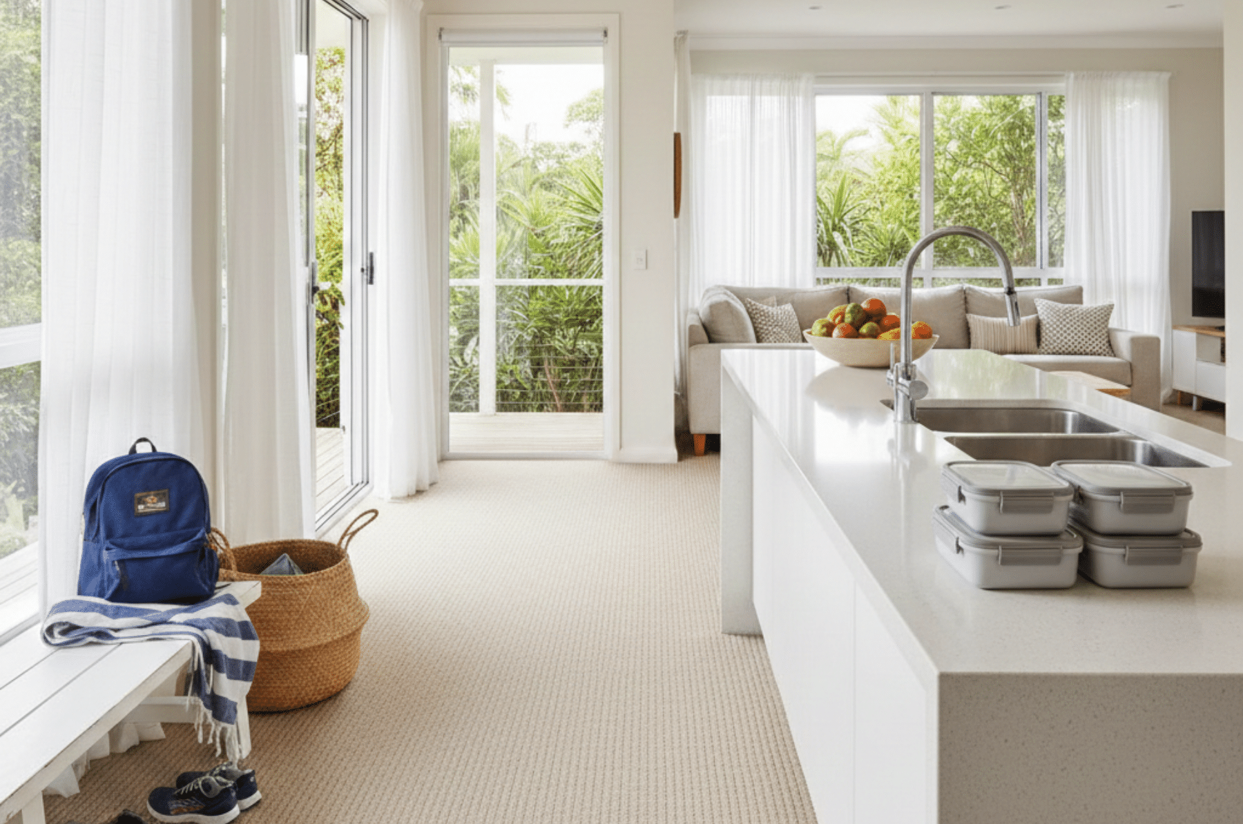 Bright, modern open-plan kitchen and living area with white cabinets, a large island, floor-to-ceiling windows, and a view of lush greenery outside.