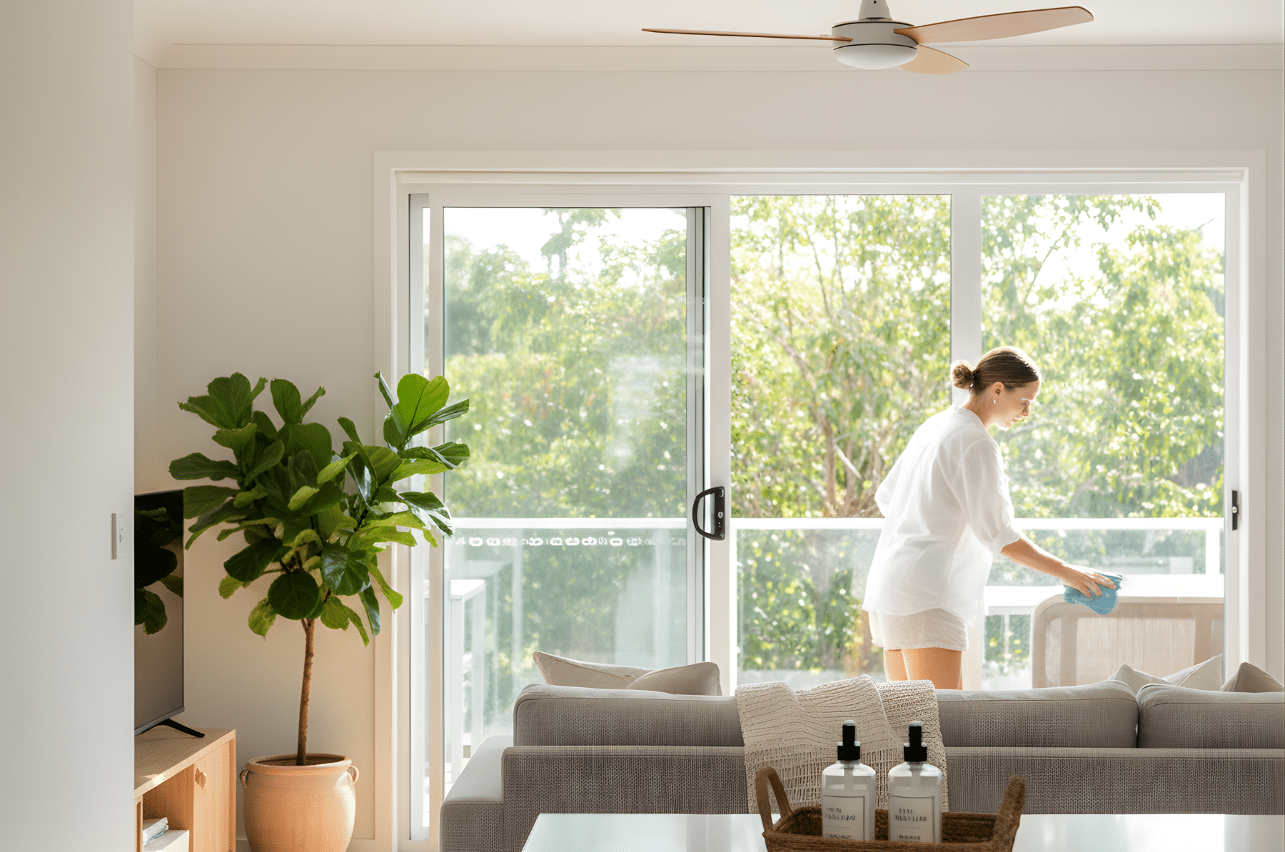 Sunlit Brisbane living space with soft summer light, ceiling fan, and open sliding doors, as a casually dressed person does a light wipe-down near a neatly kept cleaning caddy, creating a calm, low-stress new year reset feel.