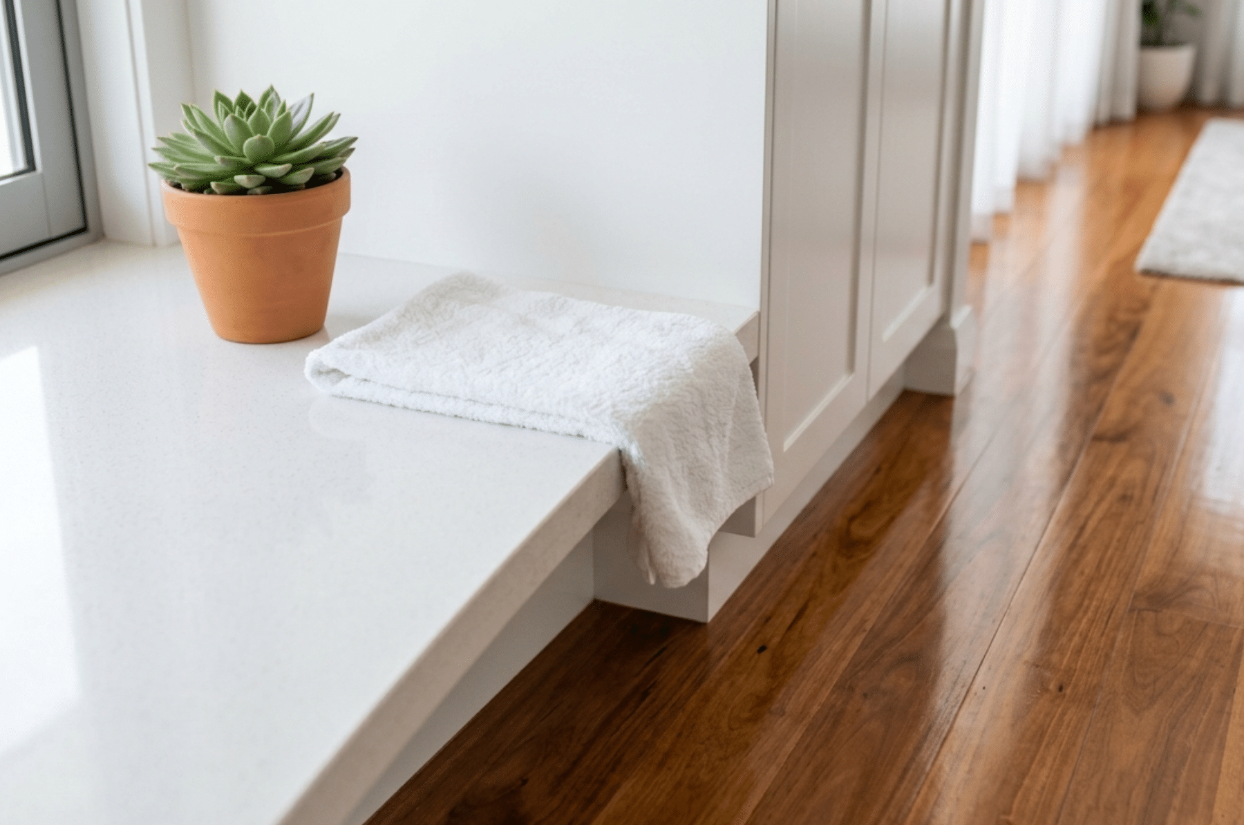A small potted succulent and a folded white towel sit on a white windowsill beside polished wooden floors in a bright room.