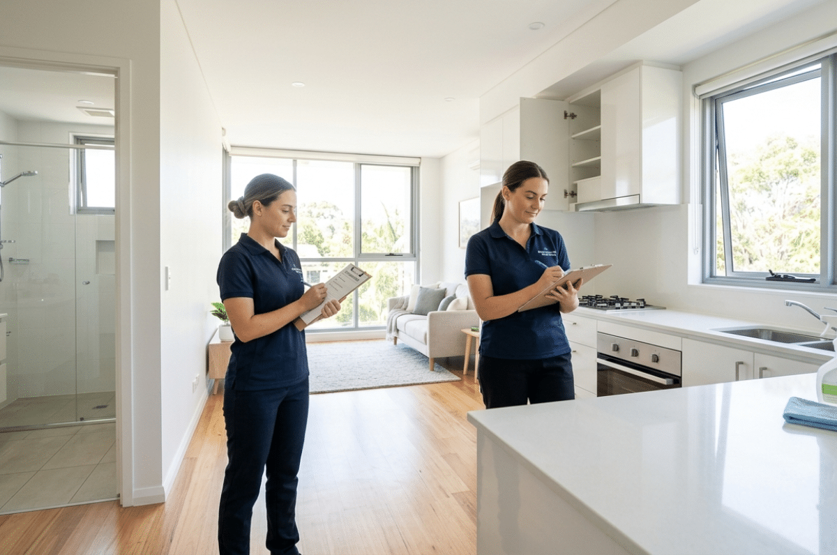 Two women in uniforms inspect a clean, modern kitchen, writing notes on clipboards.