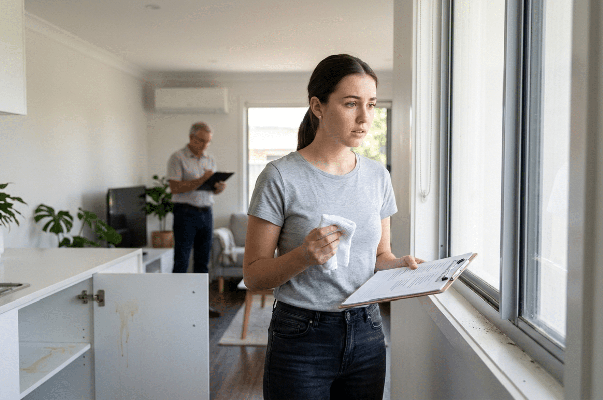 Woman inspecting a window with a cloth and clipboard in a modern home, while a man checks notes in the background.