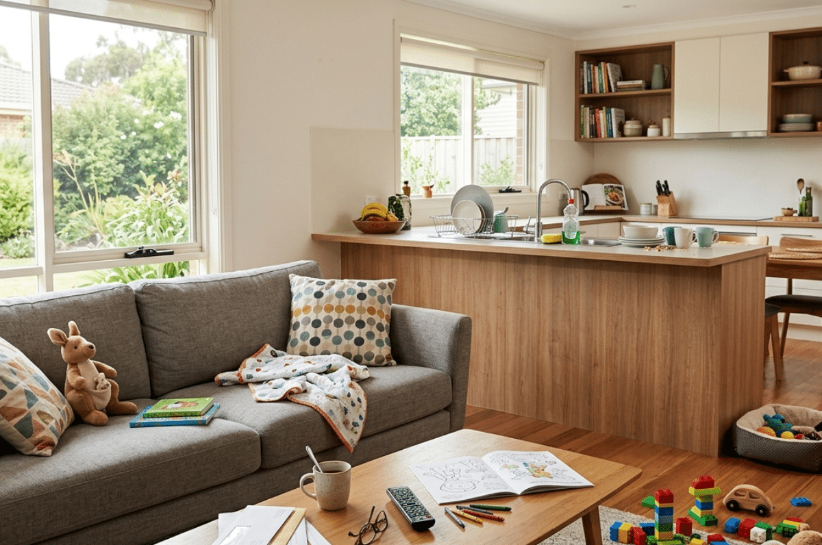 Bright open-plan living room and kitchen with a grey sofa, wooden island, children’s toys, and garden views.