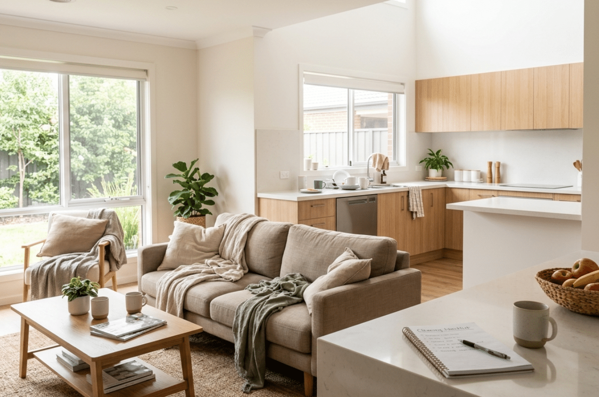 Bright open-plan living room and kitchen with neutral furnishings, wooden cabinetry, large windows, and a tidy coffee table.