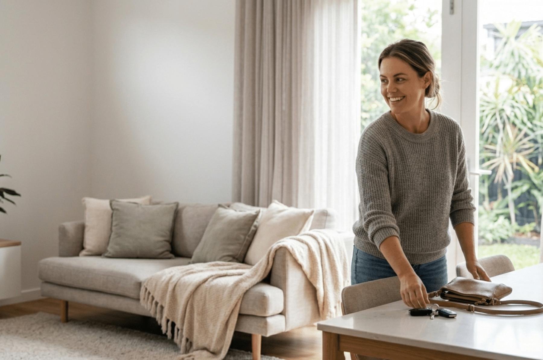 A relaxed woman enjoying a spotless Brisbane home interior after a professional clean.
