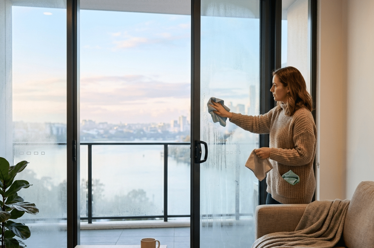 Woman wiping condensation from window, Brisbane skyline background.